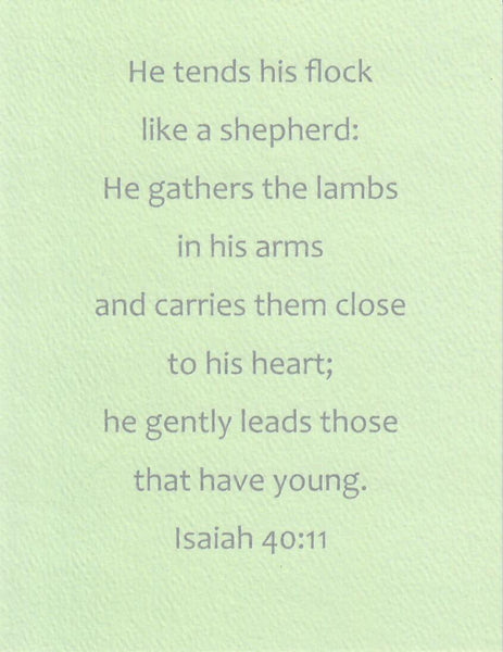 4.25 x 5.5 inch Christian Bible verse greeting card featuring Isaiah 40:11 from the New International Version of the Holy Bible printed on Neenah Royal Sundance Cover (felt finish).  Blank in the middle, additional devotional thought on the back, white envelope.