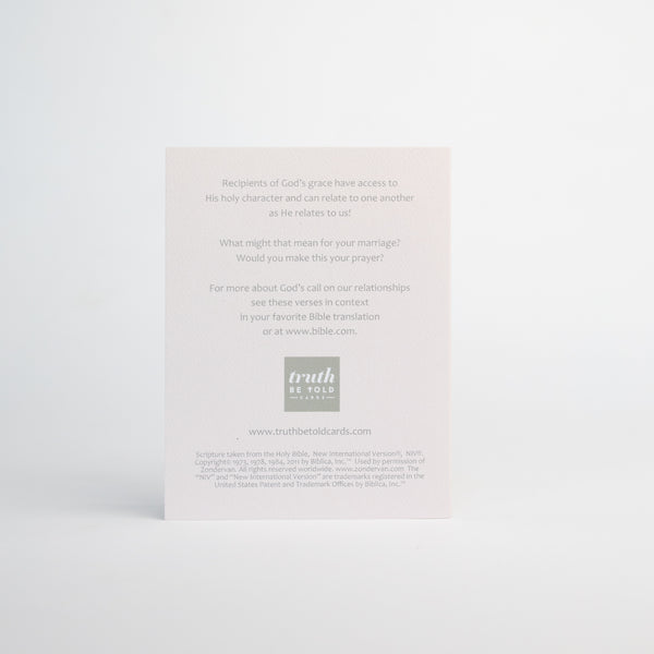 4.25 x 5.5 inch Christian Bible verse greeting card featuring Colossians 3:12-14 from the New International Version of the Holy Bible printed on Neenah Royal Sundance Cover (felt finish). Blank in the middle, additional devotional thought on the back, white envelope.