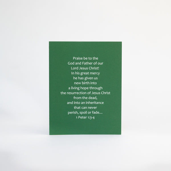 4.25 x 5.5 inch Easter Greeting Card featuring 1 Peter 1:3-4 from the New International Version of the Holy Bible, printed on Neenah Royal Sundance Cover (felt finish)