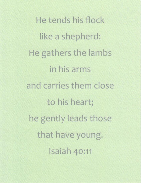 4.25 x 5.5 inch Christian Bible verse greeting card featuring Isaiah 40:11 from the New International Version of the Holy Bible printed on Neenah Royal Sundance Cover (felt finish).  Blank in the middle, additional devotional thought on the back, white envelope.