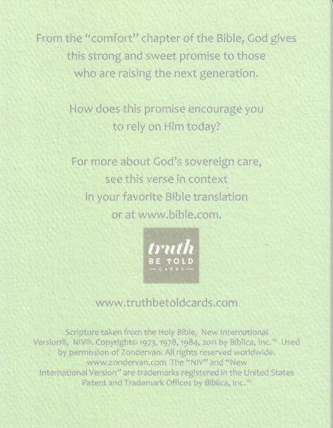 4.25 x 5.5 inch Christian Bible verse greeting card featuring Isaiah 40:11 from the New International Version of the Holy Bible printed on Neenah Royal Sundance Cover (felt finish).  Blank in the middle, additional devotional thought on the back, white envelope.