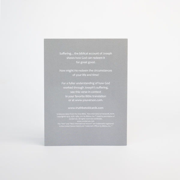 Christian encouragement bible verse greeting card featuring Genesis 50:20. This card invites readers to greater faith as they read the scripture in context in the Bible. Inspirational greeting cards based on scripture offer solid hope to friends and family who are struggling.