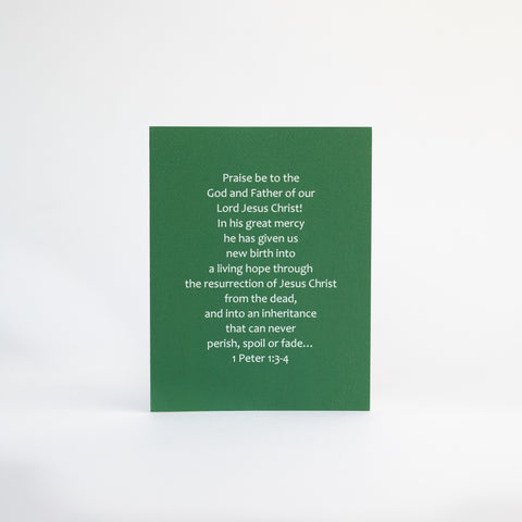 4.25 x 5.5 inch Easter Greeting Card featuring 1 Peter 1:3-4 from the New International Version of the Holy Bible, printed on Neenah Royal Sundance Cover (felt finish)
